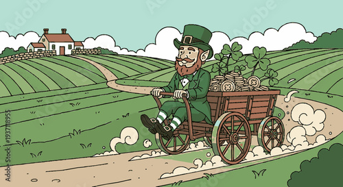 Leprechaun rides wooden cart filled with gold coins through green countryside landscape