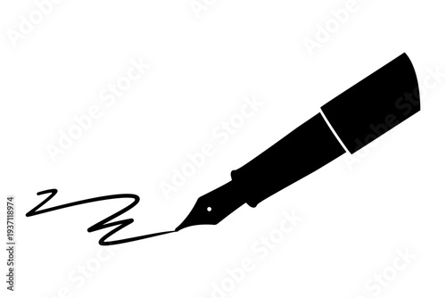 Black silhouette of a classic fountain pen writing a signature line