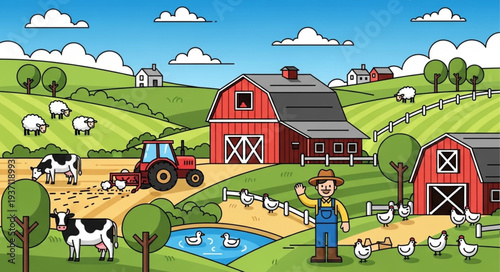 Farm Scene with Red Barns and Livestock.
