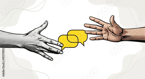 Illustration of two hands reaching towards each other with speech bubbles.