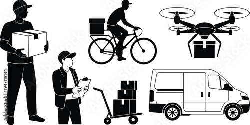 Delivery logistics silhouettes, courier services, package transport, drone shipping, bicycle delivery, van logistics, modern supply chain, distribution, shipping solutions, fast service
