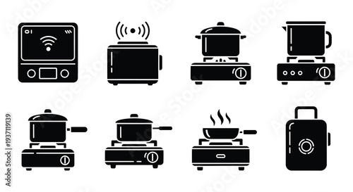 Black and white icons depicting various cooking appliances and methods