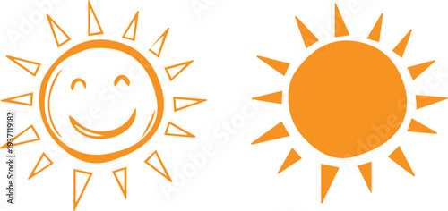 Two cartoon sun illustrations with smiling face and plain orange