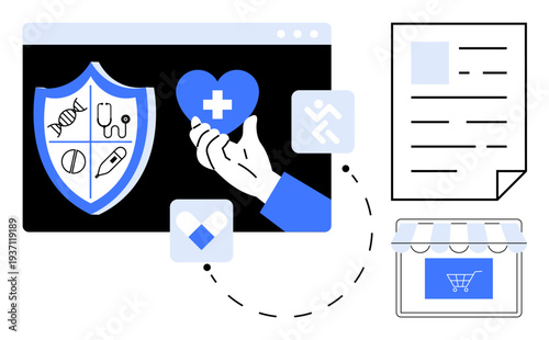 Digital health, medical insurance, ecommerce, online services, safety, healthcare access. A shield with health icons, hand holding heart and shopping cart. Digital health and medical insurance