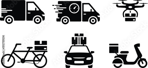 Delivery transportation silhouettes with van, express truck, drone package, bicycle courier, scooter rider, logistics icons, fast shipping, modern supply chain design