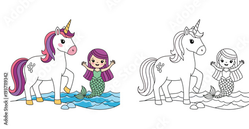 Cute Unicorn and Mermaid Friends by the Ocean Waves