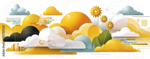Panel kuchenny z motywem Vector illustration of a cloud with gears, code, and sun in a yellow color palette