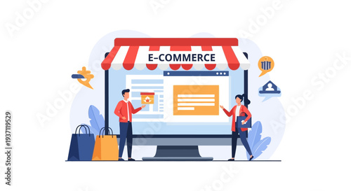 E-commerce Online Storefront Illustration with Shoppers and Digital Transactions