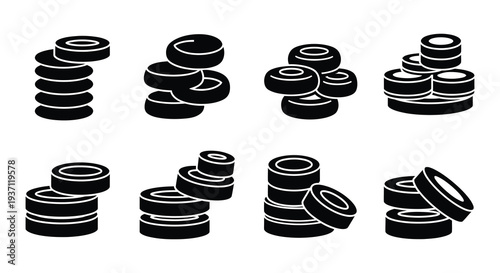 Black and white illustration of stacked coins in various arrangements
