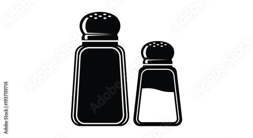 Black and white illustration depicting a pepper grinder and a salt shaker side by side