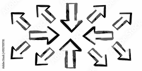 Circular arrangement of hand drawn arrows pointing in various directions