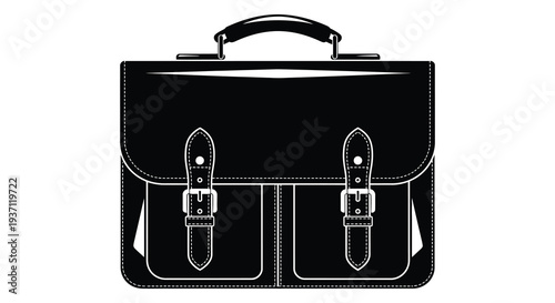 A black and white illustration of a classic satchel briefcase with a handle and buckle details