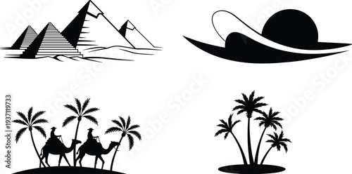 Desert pyramids, palm trees, camel caravan silhouettes, oasis illustration, cultural heritage design, Middle Eastern travel tourism, ancient architecture, scenic landscape art