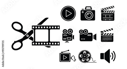 Black and white icons representing filmmaking and video production tools