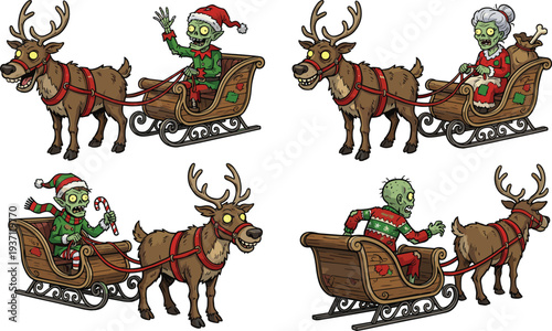 Zombie Santa sleigh with undead reindeer Christmas horror cartoon illustration spooky holiday character collection