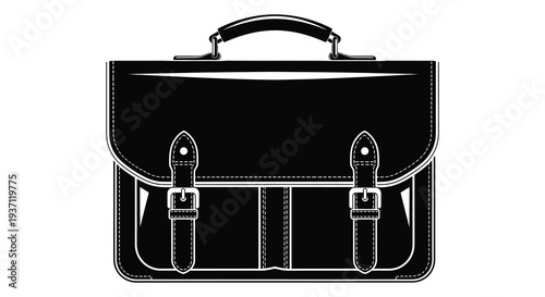 A black and white illustration of a vintage leather satchel or briefcase with buckle straps