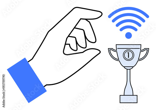 Digital achievement concept. Digital achievement ed by a hand reaching for a trophy with a wireless signal. Digital achievement in technology, competition, innovation, and connectivity. For business