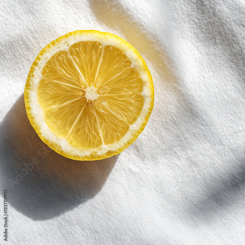 A bright lemon half rests on a textured white fabric, casting a soft shadow in natural light.