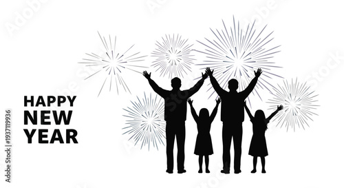 A family silhouetted with arms raised celebrates the new year under a vibrant fireworks display