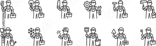 Man in overalls with wrench and toolbox icon set. Worker repair service thin line vector symbols collection.