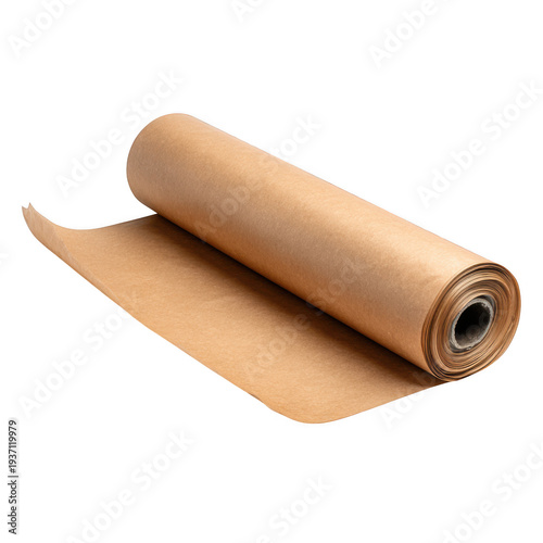 Brown paper roll with sheet unrolled, isolated on transparent background