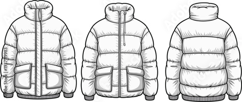 Three White Puffer Jackets with Different Zipper Styles and Pockets Illustrated in Monochrome winter clothing