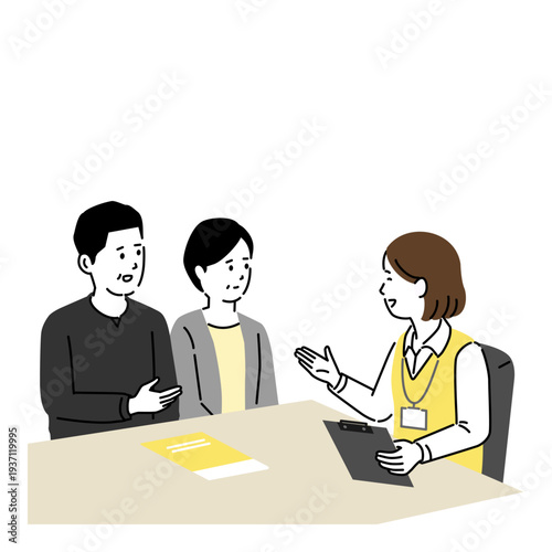 ケアマネジャーの説明を受ける中年夫婦のイラスト