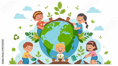 Children embracing earth with leaves and flowers symbolizing environmental care and friendship