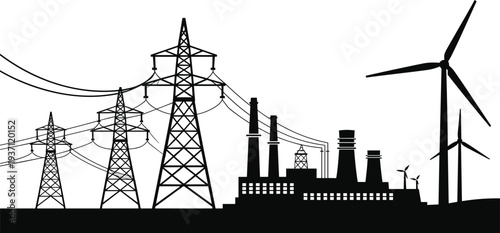 Energy infrastructure silhouettes with power plant, transmission towers, wind turbines,