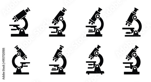Eight black microscope icons arranged in a grid pattern on white