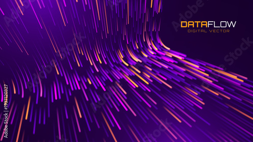 High-Tech Digital Flow with Light Streams and Data Transmission Paths. AI and Broadband Visualization Featuring Fiber Connections. Futuristic Purple Light Trails for Modern Tech and Science Applicatio