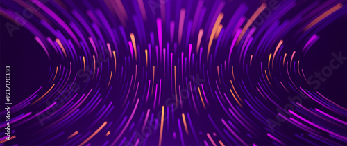 Purple Holographic Data Flow in a Digital Network. AI-Driven Tech Visual with Fiber Optic Cables and High-Speed Light Streams. Design for Science, Tech, and Future-Oriented Content.