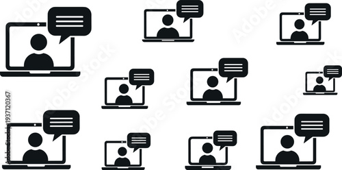 Online Video Chat Communication Icon Set Featuring Laptop Screens with User Avatar and Message Bubbles for Virtual Meeting, Webinar, Customer Support, and Remote Work Apps