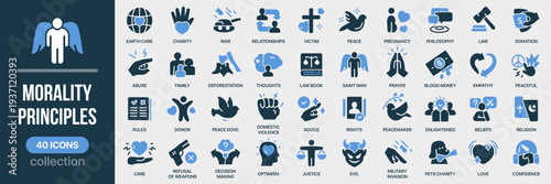 Morality and principles fill icon collection. Includes justice, charity, peace, religion, beliefs, family values and ethical decision symbols. Created in colored style with blue palette