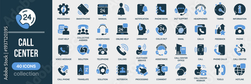 Call center fill icon collection. Includes support, hotline, phone communication, operator, chat help and customer service symbols. Created in colored style with blue palette
