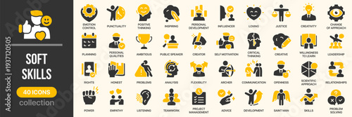 Soft skills fill icon collection. Includes communication, leadership, creativity, teamwork, analysis, motivation and personal development symbols. Created in colored style with yellow palette