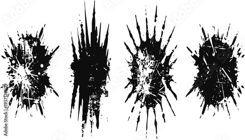 Abstract black ink splatters set with dynamic radial and linear burst shapes on white background