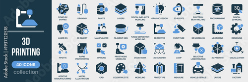 3D printing fill icon collection. Includes 3D printer, modeling, prototype, CAD, additive manufacturing and digital fabrication symbols. Created in colored style with blue palette