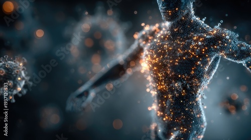 Abstract 3D visualization of digital immune system shield over a 3D human silhouette with glowing vitamin icons representing preventative biohacking and advanced wellness technology art 