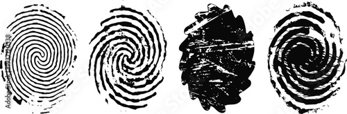 Four black fingerprint patterns on white background unique identity and biometric security concept