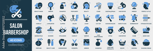 Salon and barbershop fill icon collection. Includes haircut, barber tools, comb, scissors, shampoo and hair styling service symbols. Created in colored style with blue palette