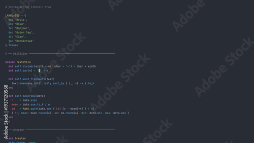 Modern Developer Programmer Screen with Computer Programming Language Code with Color Syntax Highlighting. Vector Illustration.