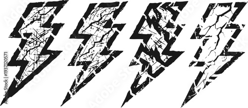 Grunge lightning bolt icons set distressed electrical energy symbols with cracked texture, power and electricity concept