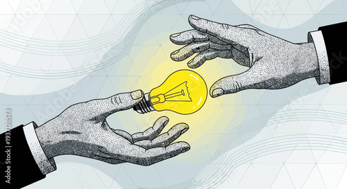 Two hands exchanging a glowing lightbulb symbolizing idea sharing and collaboration.
