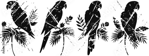 silhouettes of four parrots perched on tropical palm leaves with distressed texture art