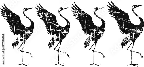 black crane silhouettes with distressed texture in a row, stylized vintage bird design