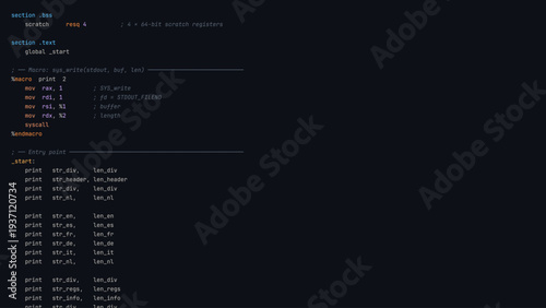 Modern Developer Programmer Screen with Assembler Programming Language Code with Color Syntax Highlighting. Vector Illustration.