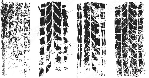 grunge black tire tracks collection with rough distressed textures and uneven edges