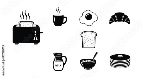 Breakfast icons toaster egg croissant coffee and various foods