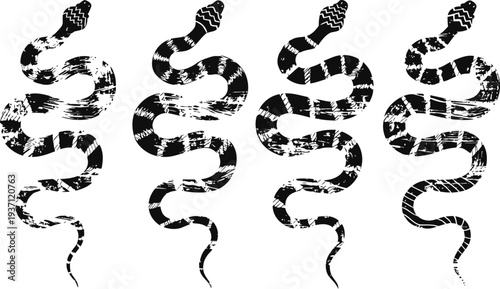 Four black and white snakes in various curved positions isolated on white background, reptile animal illustration